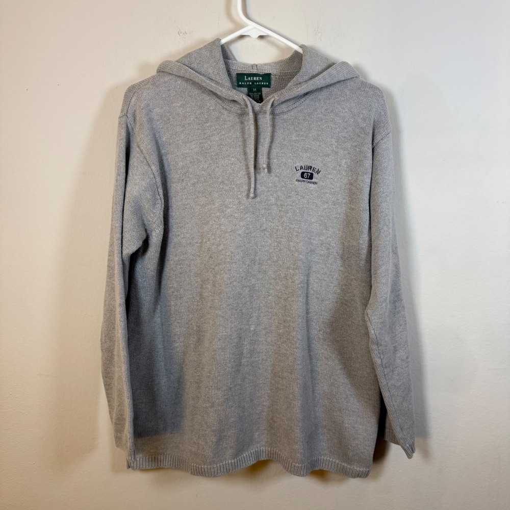 Lauren Ralph Lauren Mens Gray Cotton Knit Hoodie Sweater Embroidered Logo Size M